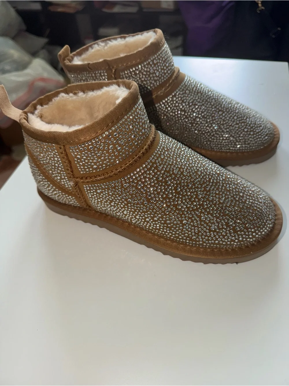 INC Crystal-Embellished Tan Faux Fur Ankle Boots